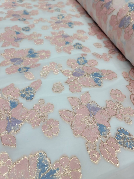 Brocade Floral Organza Fabric Lavender Blue