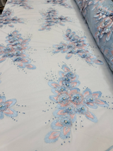 3D Beaded Floral Lace Sky Blue