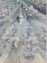 3D Beaded Floral Lace Sky Blue