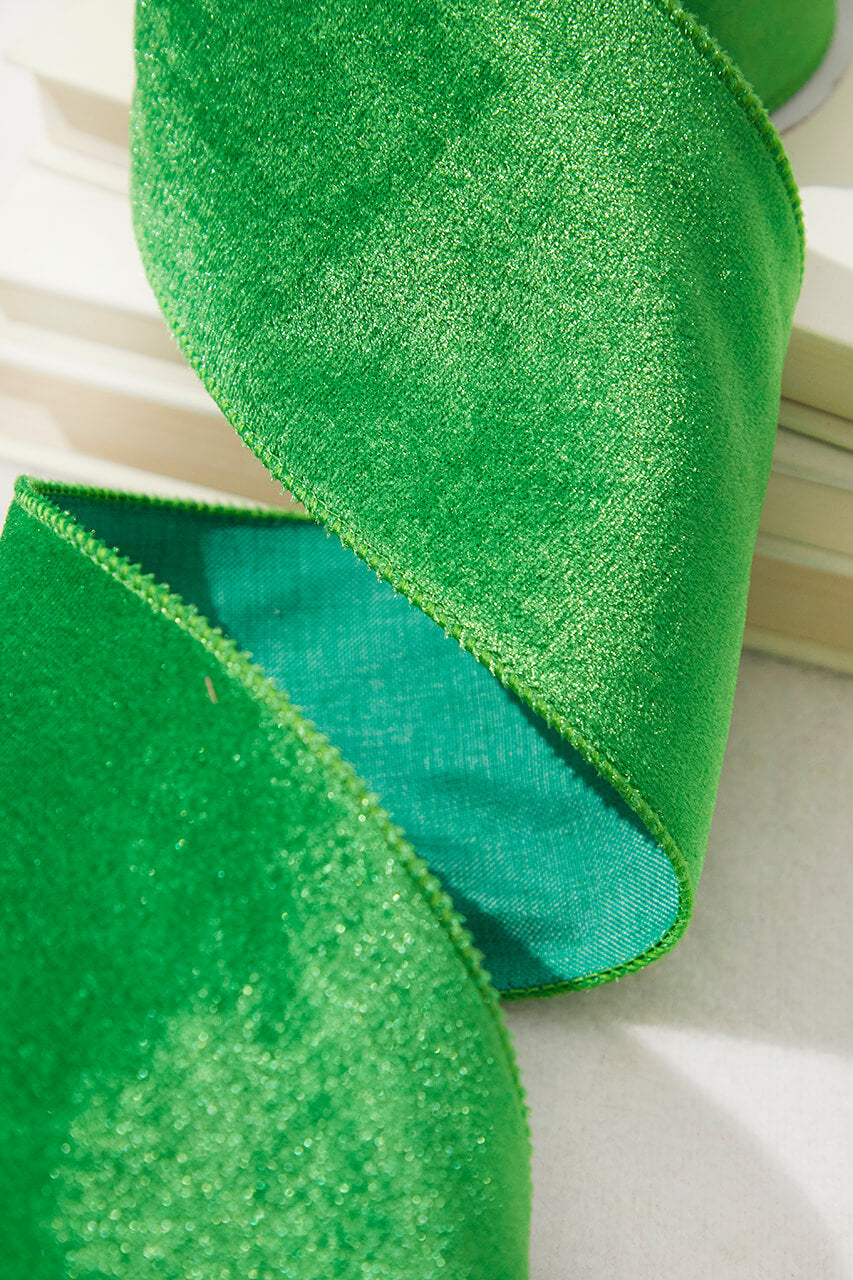 4" x 10 Yard Bright Green Wired Velvet Ribbon