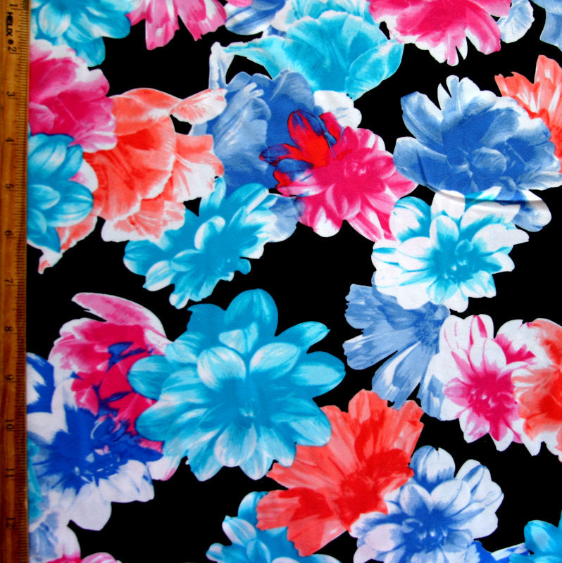 Nylon Lycra Swim Fabric Bright Flowers on Black