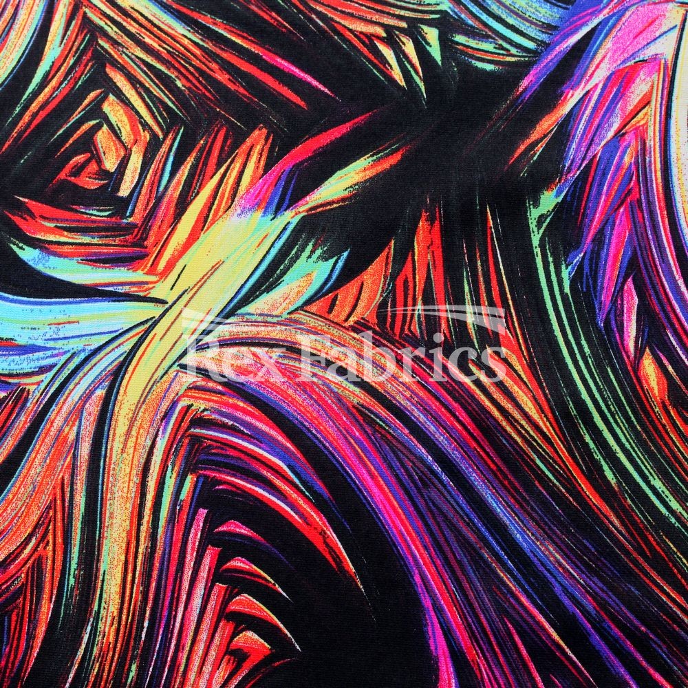 Whisper Nylon Spandex Fabric - Warm/Cool Multicolor Abstract Wave Print, Black Background, 58" Width, 320 GSM (1 Yard)
