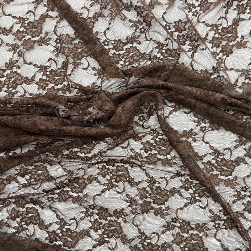 Brown Stretch Lace Nylon Spandex Fabric - Brown, Floral Lace, 58/60" Width (1 Yard)