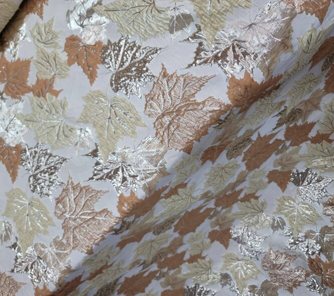 Brocade Jacquard Metallic Gold Maple Leaves
