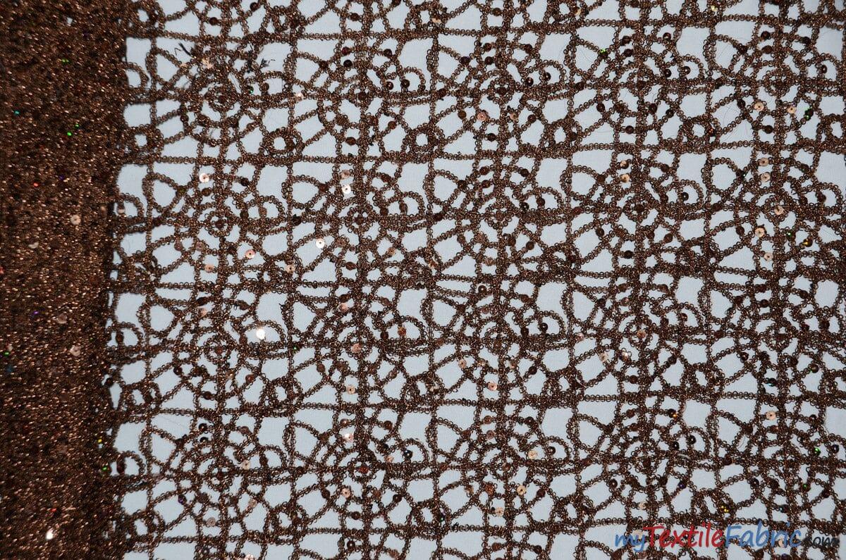 Open Weave Chain Chemical Lace Polyester Fabric - Sheer Metallic Open Work, Sequins Embellished, 50" Width, 10 Colors (1 Yard)