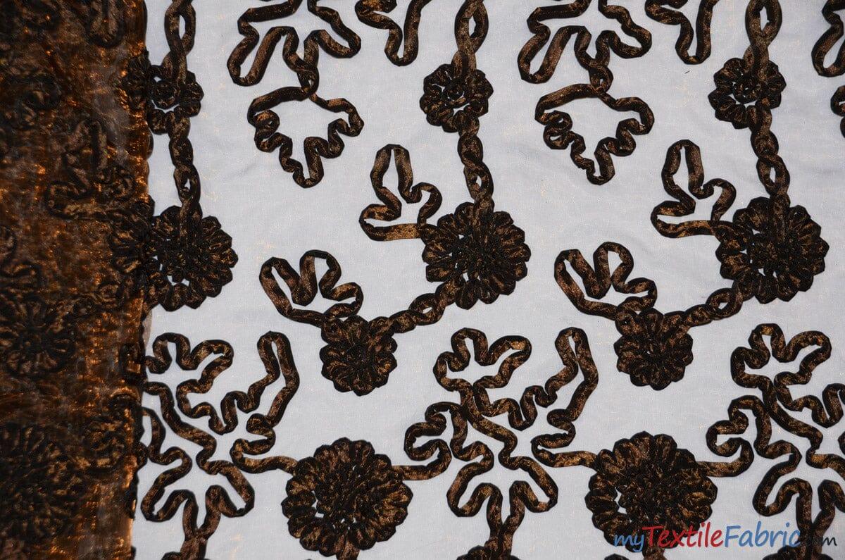 Luxury Organza Embroidery Polyester Fabric - Sheer Ribbon Embroidery, 54" Width, Multiple Colors (1 Yard)