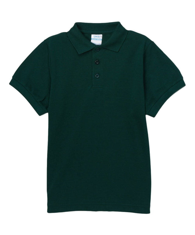 Boys Uniform Polo Shirt Cotton Polyester Fabric - Hunter Green, Pique, Ribbed Collar And Sleeves, Sizes 5-18 (1 Piece)