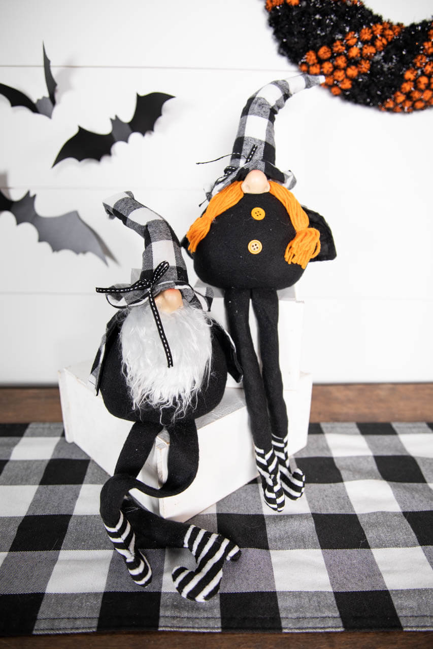 22” Fabric Halloween Buffalo Check Gnome Shelf Sitter