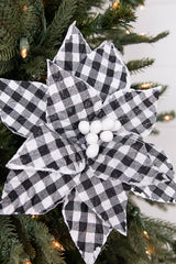 22” x 10.5" Black and White Plaid Poinsettia Stem with White Berries