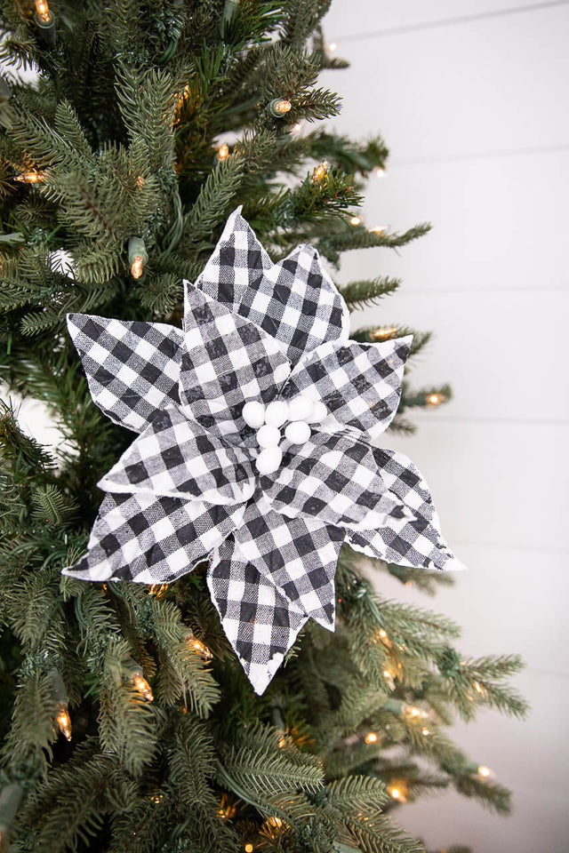 22” x 10.5" Black and White Plaid Poinsettia Stem with White Berries