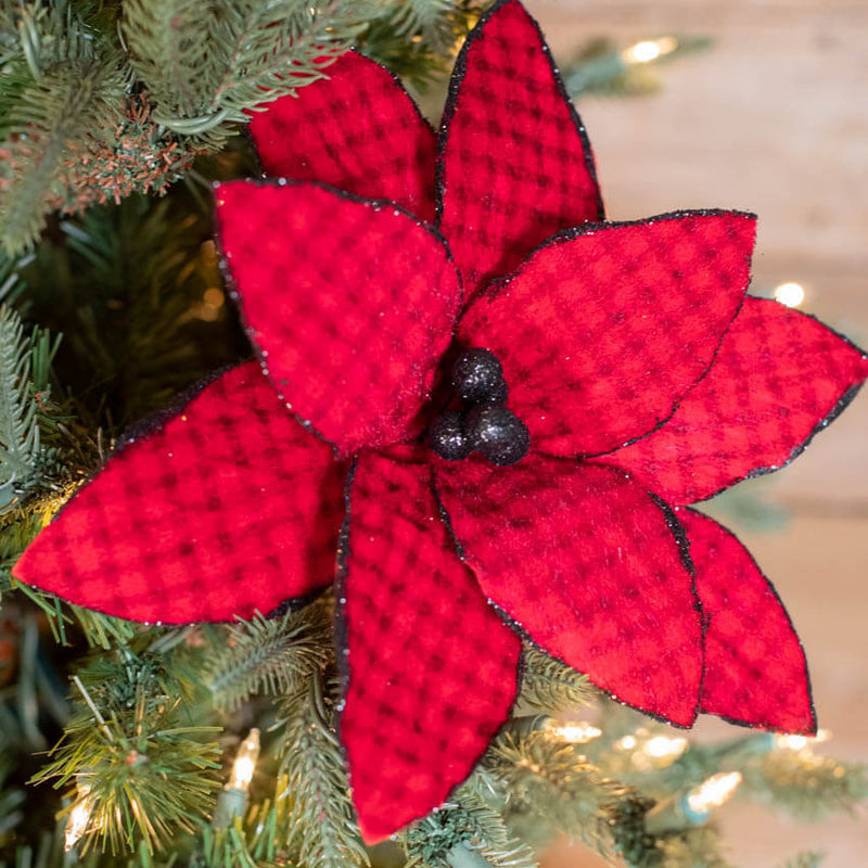 Red Black Buffalo Check Velvet Poinsettia Stem 24 Inch Decor