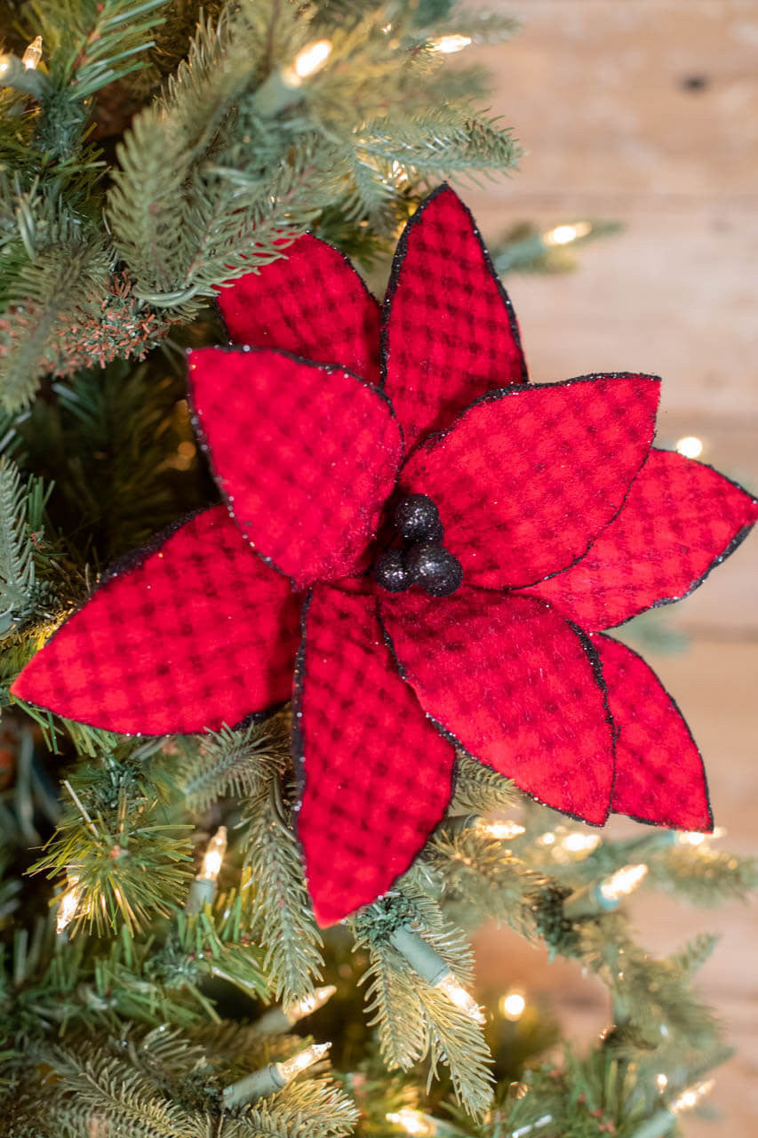 Red Black Buffalo Check Velvet Poinsettia Stem 24 Inch Decor