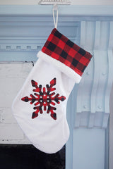 White Stocking with Buffalo Check Snowflake Christmas Holiday Mantel Decor