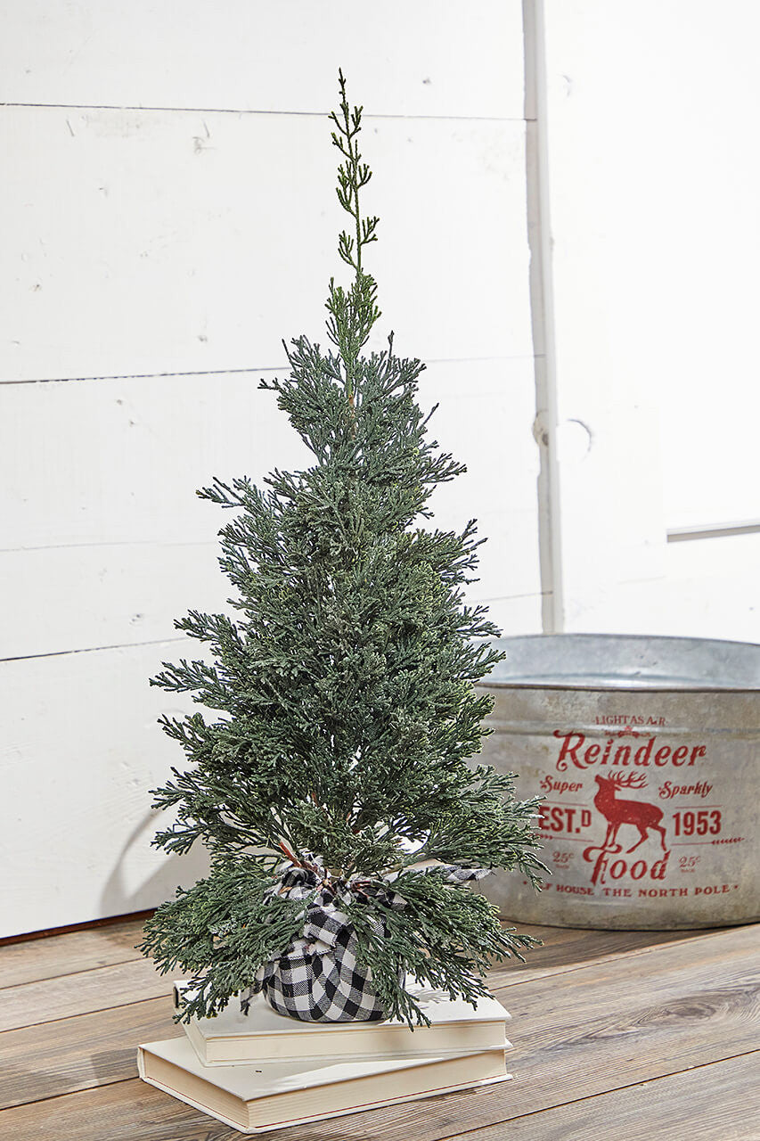 24 Inchi Plastic Cedar Tree in Black & White Buffalo Fabric Bucket Rustic Christmas Tabletop Decor