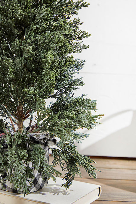 24" Plastic Cedar Tree in Black & White Buffalo Fabric Bucket