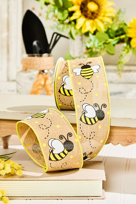2.5" 10 Yard Burlap Bee Yellow Polka Dot Ribbon