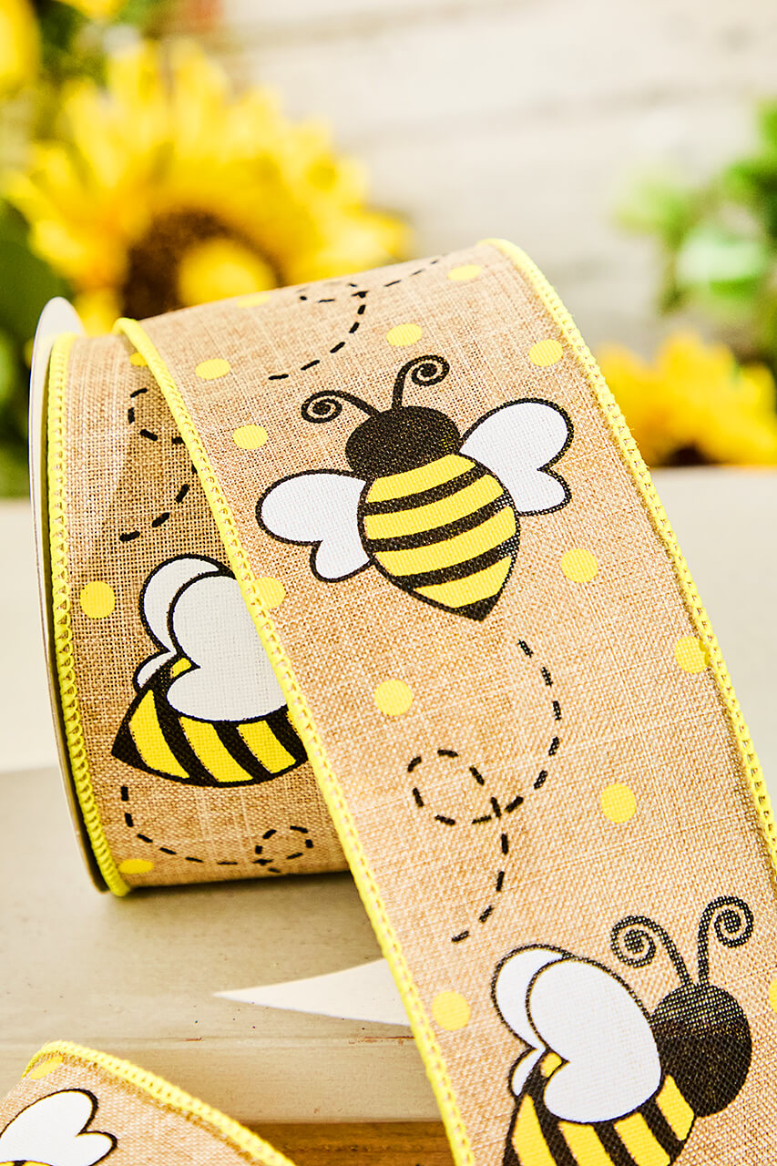 2.5" 10 Yard Burlap Bee Yellow Polka Dot Ribbon