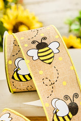 2.5" 10 Yard Burlap Bee Yellow Polka Dot Ribbon
