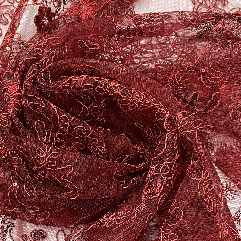 Elena's Lace Polyester Fabric - Burgundy Corded Mesh Embroidered With Sequins, Double Scalloped Edge, 54" Width (1 Yard)