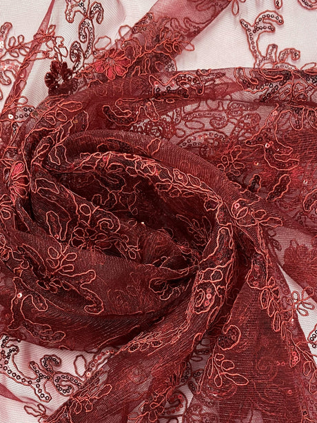 Elena's Lace Polyester Fabric - Burgundy Corded Mesh Embroidered With Sequins, Double Scalloped Edge, 54" Width (1 Yard)