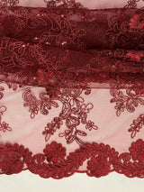 Elena's Lace Polyester Fabric - Burgundy Corded Mesh Embroidered With Sequins, Double Scalloped Edge, 54" Width (1 Yard)
