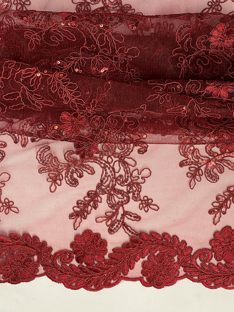 Elena's Lace Polyester Fabric - Burgundy Corded Mesh Embroidered With Sequins, Double Scalloped Edge, 54" Width (1 Yard)