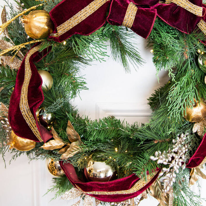 30 Inch Prelit Crimson Gold Holiday Wreath LED Lights Cordless