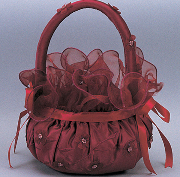 Burgundy Satin Flower Girl Basket 2 with Organza Flowers Wedding