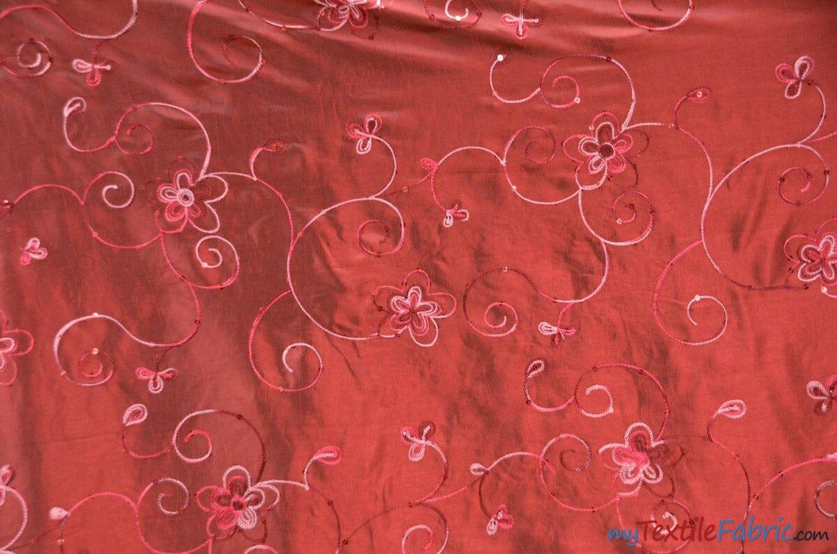 Aurora Taffeta Embroidered Floral Taffeta Fabric - Multi Color Floral Embroidery With Sequins, 54" Width (1 Yard)
