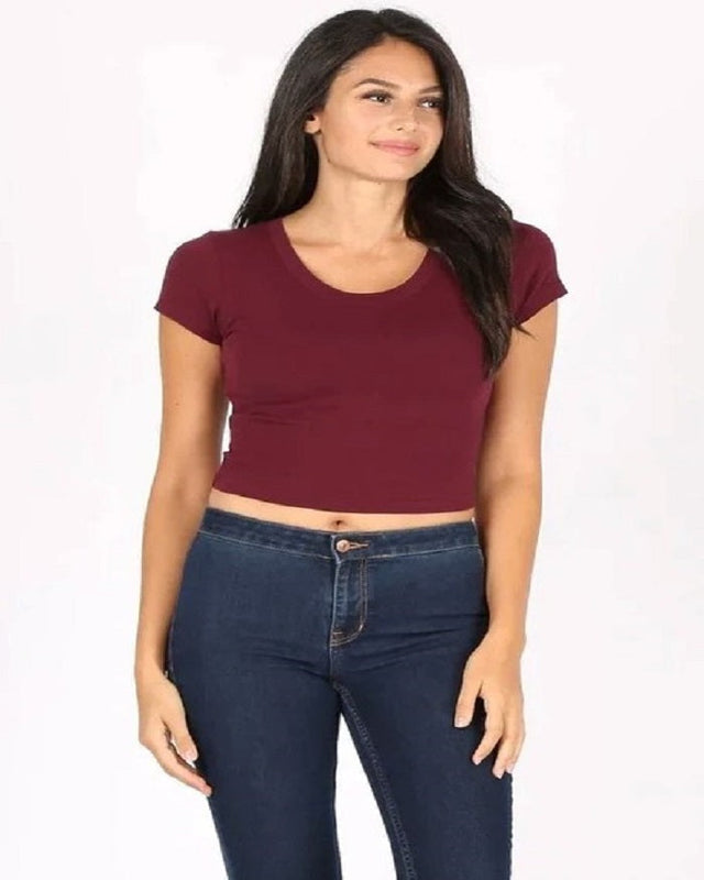 Lucky Fitted Crop Top Cotton Spandex Fabric - Burgundy, Solid, Short Sleeve, Stretch (1 Piece)