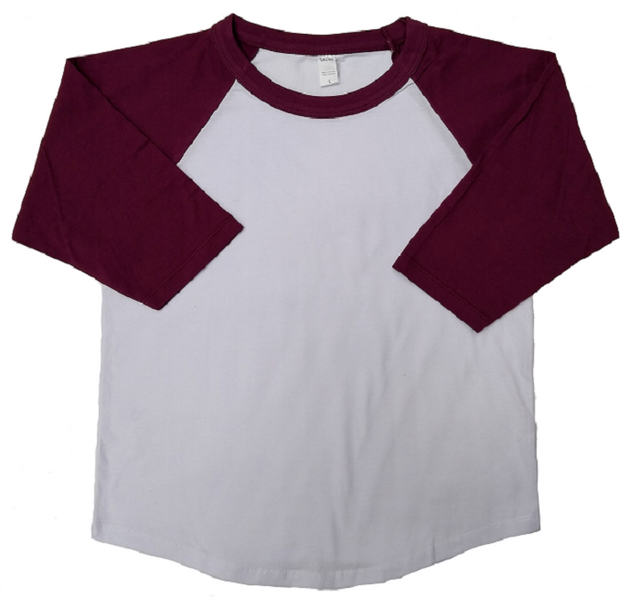 Lucky Friends Youth Raglan Cotton Fabric - Burgundy, White Body, Burgundy Sleeves, 3/4 Sleeve (1 Shirt)