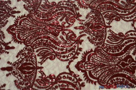 Medallion Bridal Lace Polyester Fabric - Sequins Damask Embroidery, Sheer White, 52" Width (1 Yard)