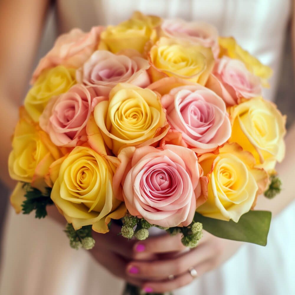 Pink Yellow Roses Bridesmaids Bouquets 3 Sets Fresh Wedding Flowers 28 Stems Each Romantic Floral
