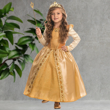 Girls golden princess dress costume with crown and wand
