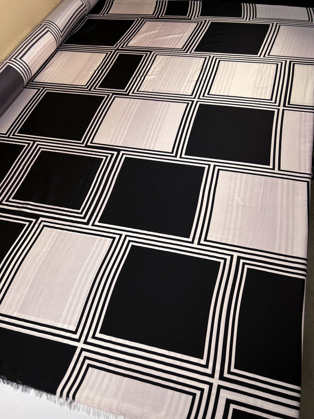 Printed Polyester Sateen Fabric Beige Black