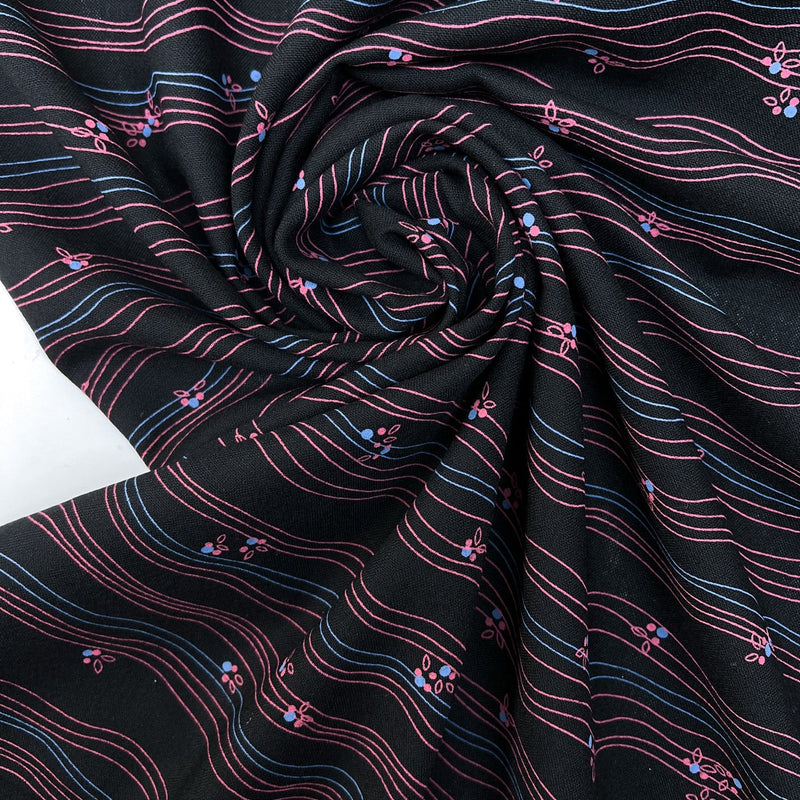 Virgin Wool Printed Striped Fabric Black Pink