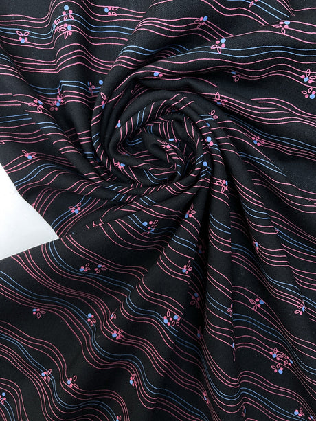 Virgin Wool Printed Striped Fabric Black Pink