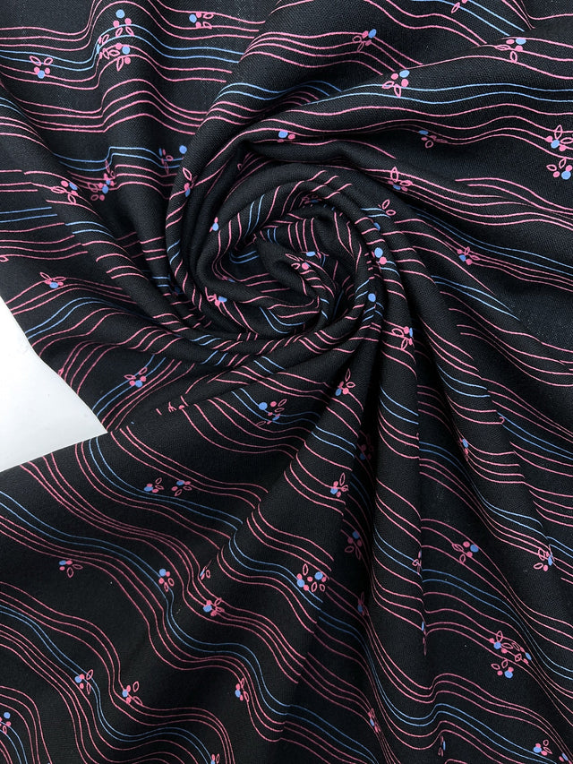 Virgin Wool Printed Striped Fabric Black Pink
