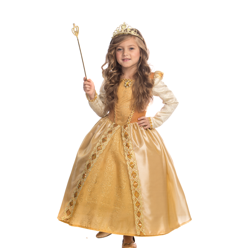Girls golden princess dress costume with crown and wand