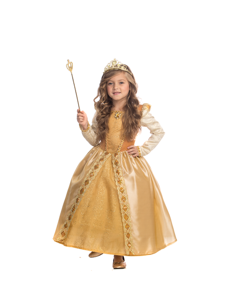 Girls golden princess dress costume with crown and wand