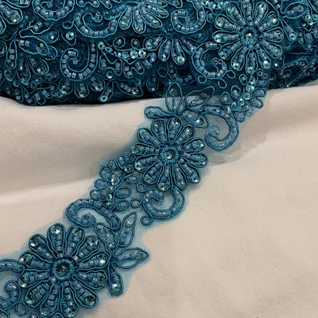 Beaded Corded Lace Trim on Polyester Mesh