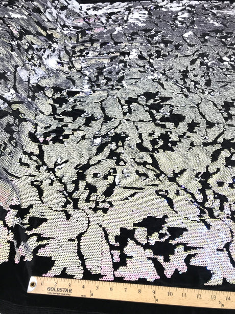 Camo Sequin Stretch Velvet Fabric - Iridescent Sequin Camo Pattern, 54" Width (1 Yard)