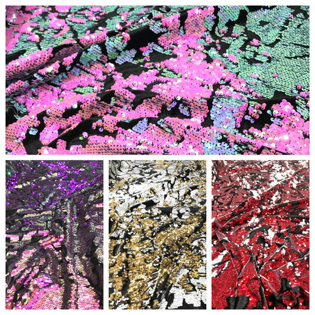 Camo Sequin Stretch Velvet Fabric - Iridescent Sequin Camo Pattern, 54" Width (1 Yard)