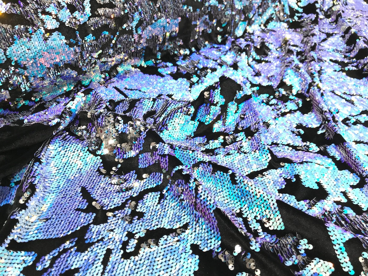 Camo Sequin Stretch Velvet Fabric - Iridescent Sequin Camo Pattern, 54" Width (1 Yard)