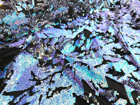 Camo Sequin Stretch Velvet Fabric - Iridescent Sequin Camo Pattern, 54" Width (1 Yard)