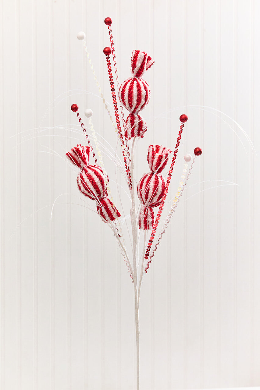 32" Red & White Candy Glitter Grass Spray