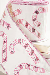 4 Inch x 5 Yard Sequin Embroidered Pink Candy Cane Wired Christmas Ribbon Luxury Holiday Decor