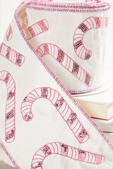 4" x 5 Yard Sequin Embroidered Pink Candy Cane Ribbon