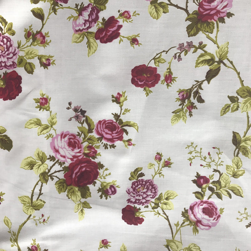 Roses Cranberry/White Polyester Cotton Fabric - Floral Print, Cranberry/White, 59/60" Width (1 Yard)