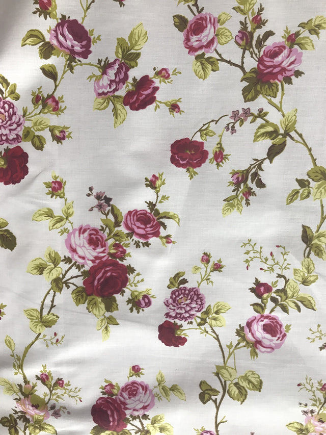 Roses Cranberry/White Polyester Cotton Fabric - Floral Print, Cranberry/White, 59/60" Width (1 Yard)